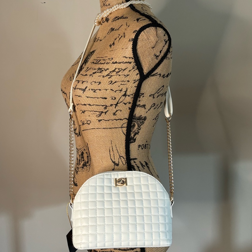 BEBE Blakely Quilted Faux Leather Crossbody Bag Gold-tone Hardware White